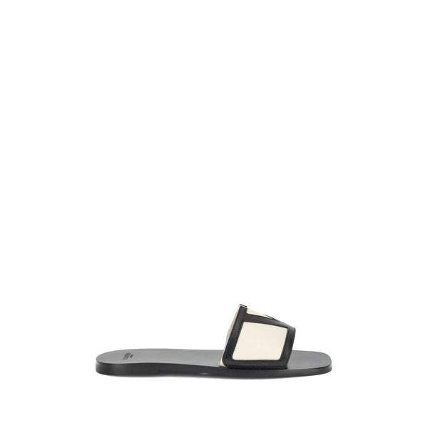 Valentino Garavani Viva Superstar in White and Black Leather Slide Sandals