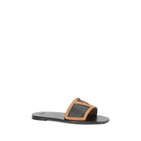 Valentino Garavani Viva Superstar in Black and Brown Leather Slide Sandals – Square Toe