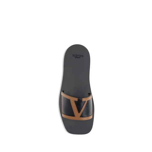 Valentino Garavani Viva Superstar in Black and Brown Leather Slide Sandals – Square Toe