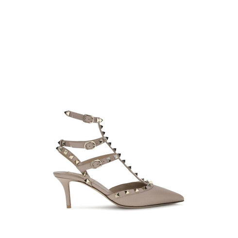 Valentino Garavani Rockstud Beige Leather Pumps – Pointed Toe Mid Heel
