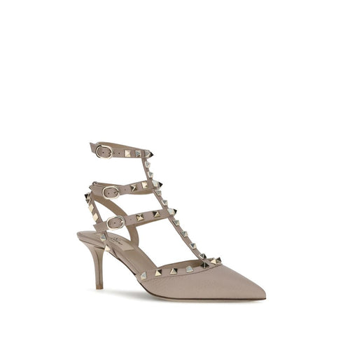 Valentino Garavani Rockstud Beige Leather Pumps – Pointed Toe Mid Heel