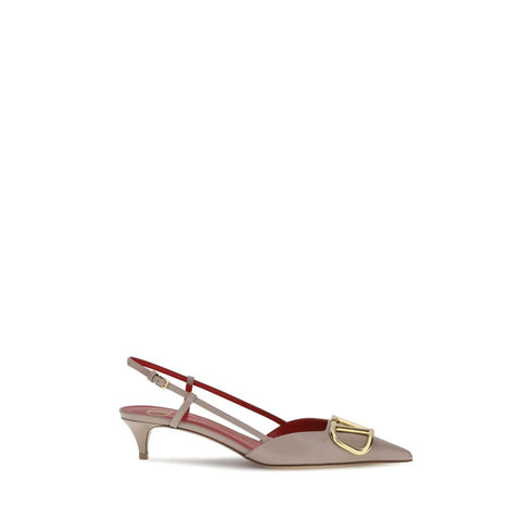 Valentino Garavani VLogo Slingback Pumps Beige Calf Leather Kitten Heel Shoes for Women