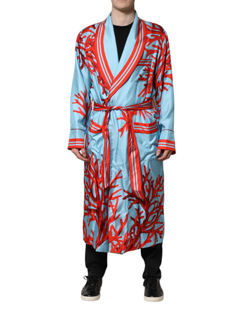 Dolce & Gabbana Blue Red Coral Print Wrap Robe Coat Jacket