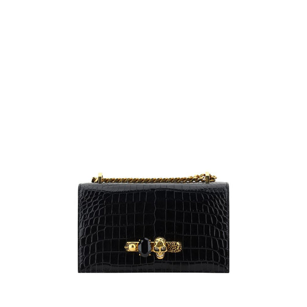 Alexander McQueen Black Croc Four-Ring Skull Shoulder Bag – Women's Luxury Chain Bag