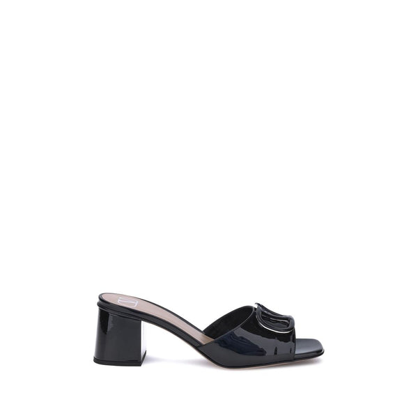 Valentino Garavani VLogo Slide Sandals – Black Patent Leather Block Heel Slides for Women