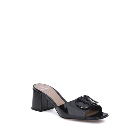 Valentino Garavani VLogo Slide Sandals – Black Patent Leather Block Heel Slides for Women