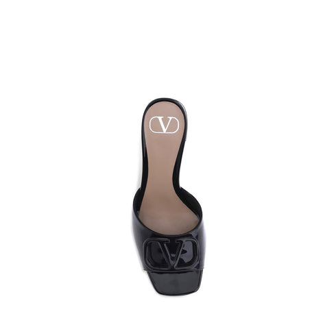 Valentino Garavani VLogo Slide Sandals – Black Patent Leather Block Heel Slides for Women