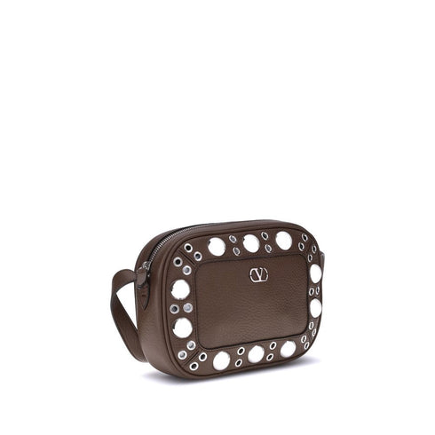 Valentino Garavani Nellcôte Eyelet Shoulder Bag Brown Calf Leather – Women