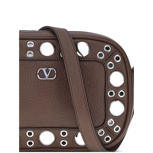 Valentino Garavani Nellcôte Eyelet Shoulder Bag Brown Calf Leather – Women