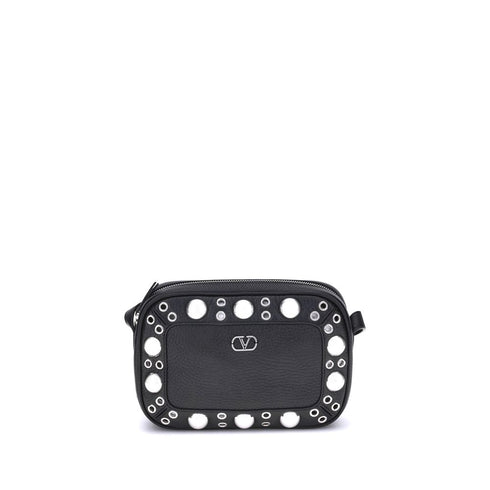 Valentino Garavani Nellcôte Eyelet Shoulder Bag Black Calf Leather – Women