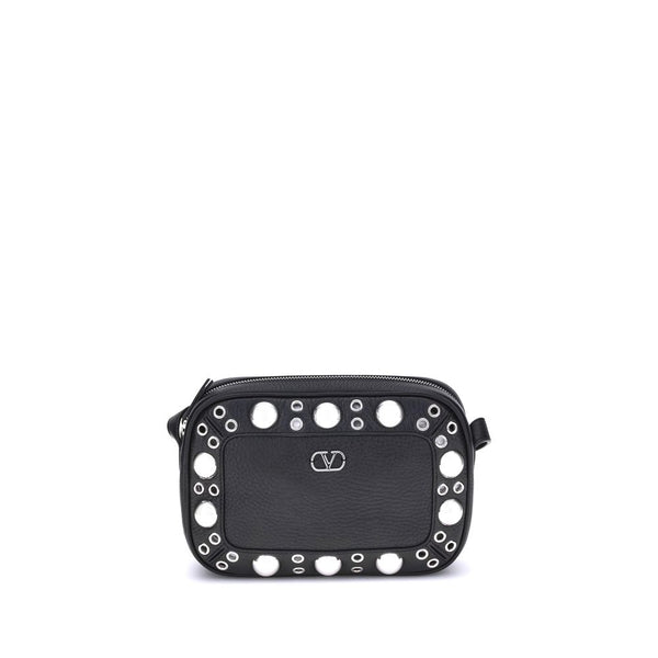 Valentino Garavani Nellcôte Eyelet Shoulder Bag Black Calf Leather – Women