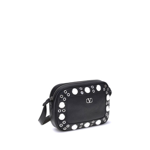 Valentino Garavani Nellcôte Eyelet Shoulder Bag Black Calf Leather – Women