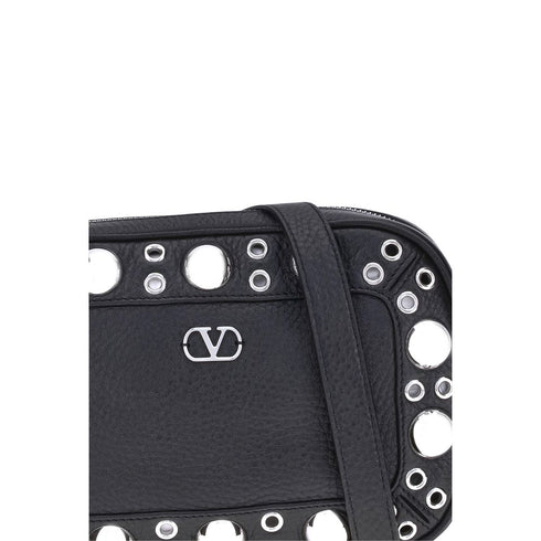 Valentino Garavani Nellcôte Eyelet Shoulder Bag Black Calf Leather – Women