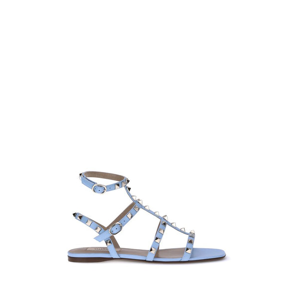Valentino Garavani Rockstud Gladiator Sandals for Women – Light Blue Calf Leather Flats