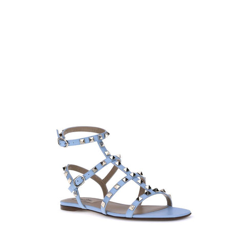 Valentino Garavani Rockstud Gladiator Sandals for Women – Light Blue Calf Leather Flats