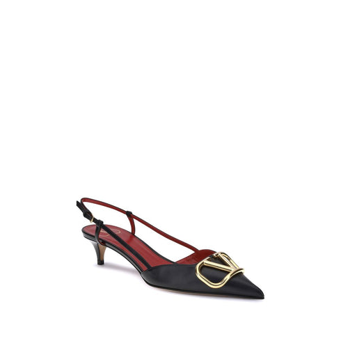 Valentino Garavani VLogo Slingback Pumps Black Calf Leather Kitten Heel Shoes for Women