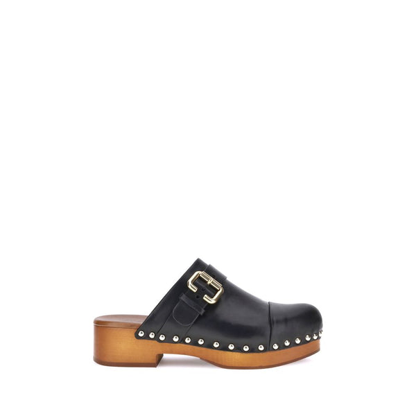 Chloé Jeannette Black Leather Mule Clogs with Wooden Platform and Gold Studs - Women’s