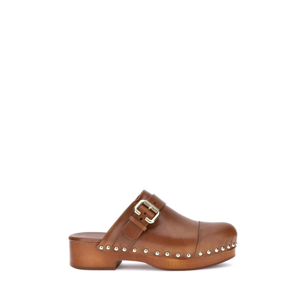 Chloé Jeannette Brown Leather Mule Clogs with Wooden Platform and Gold Studs - Women’s