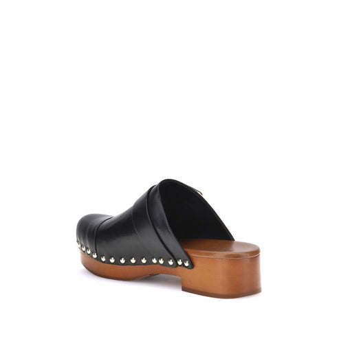Chloé Jeannette Black Leather Mule Clogs with Wooden Platform and Gold Studs - Women’s