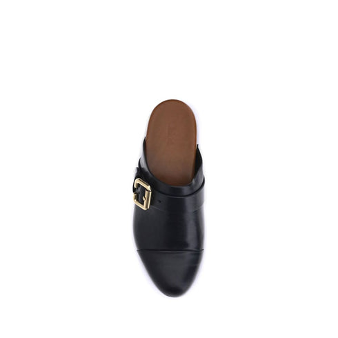 Chloé Jeannette Black Leather Mule Clogs with Wooden Platform and Gold Studs - Women’s