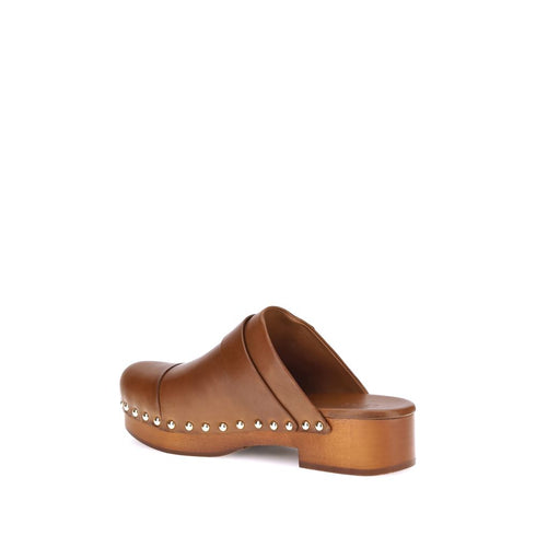 Chloé Jeannette Brown Leather Mule Clogs with Wooden Platform and Gold Studs - Women’s