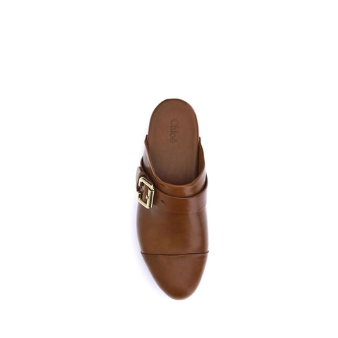 Chloé Jeannette Brown Leather Mule Clogs with Wooden Platform and Gold Studs - Women’s