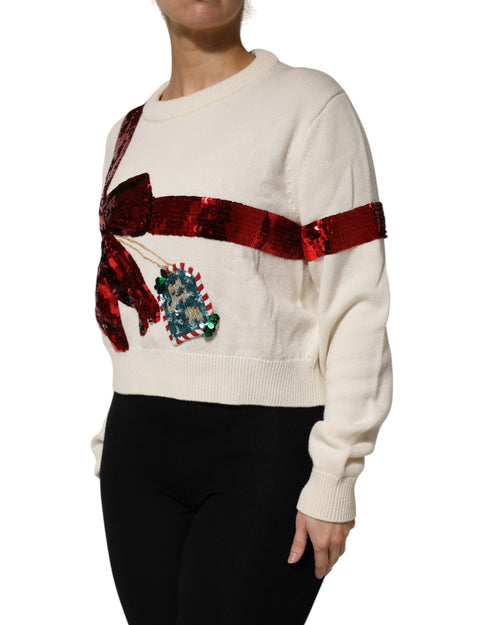 Dolce & Gabbana White Sequined Crew Neck Pullover Sweater