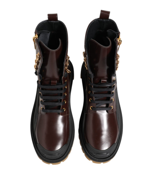 Dolce & Gabbana Brown Black Leather Boots Zipper Lace Up Shoes