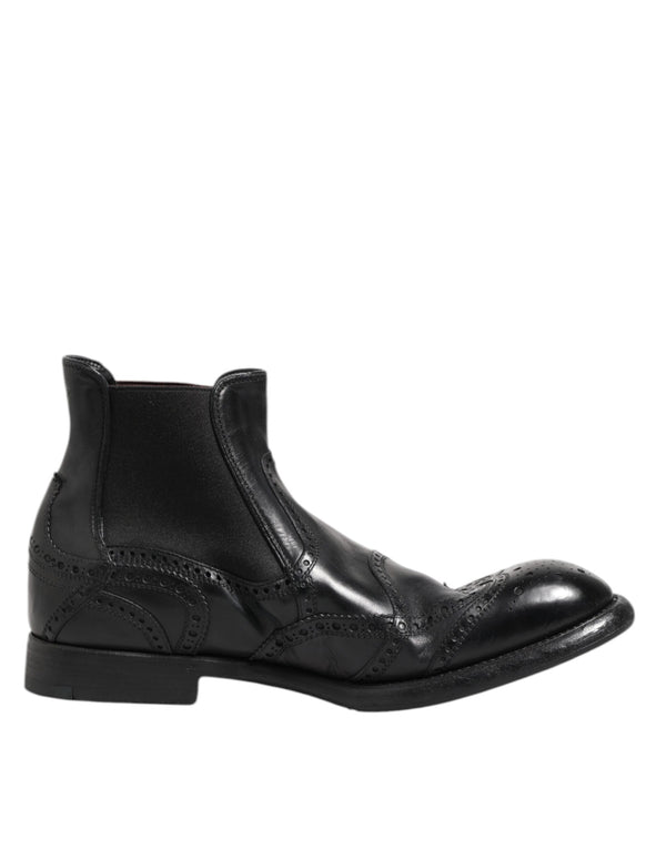 Dolce & Gabbana Black Leather Ankle Boots Slip On Shoes