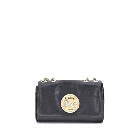 Chloé Heritage Shoulder Bag – Black Smooth Leather with Gold Medallion for Women