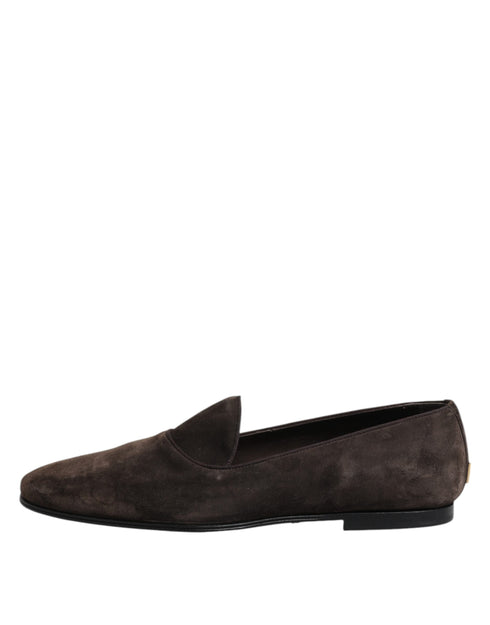 Dolce & Gabbana Brown Velvet Leather Slip On Loafers Shoes
