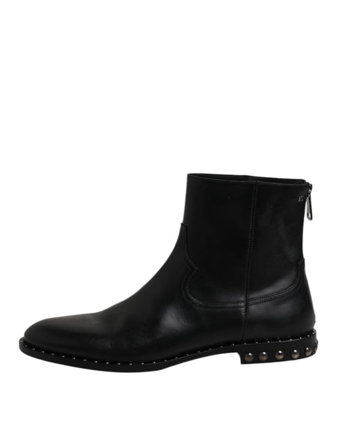 Dolce & Gabbana Black Leather Logo Ankle Boots Studded Shoes