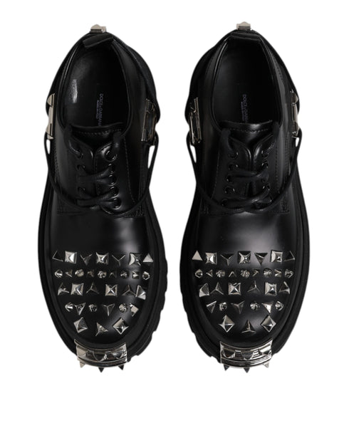 Dolce & Gabbana Black Leather Embellished Trekking Derby Shoes