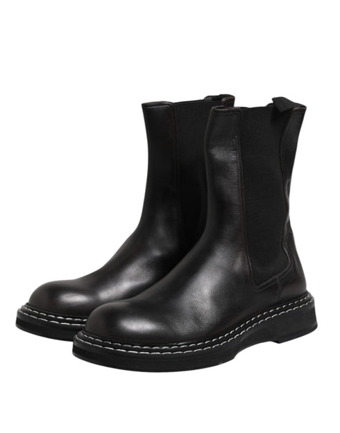 Dolce & Gabbana Black Leather Mid Calf Boots Flats Shoes
