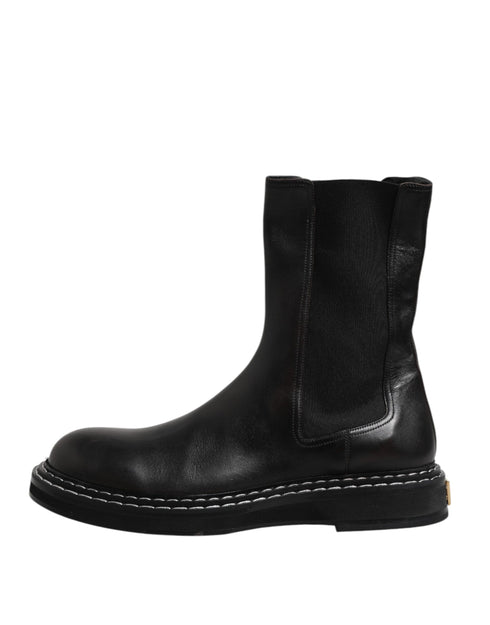 Dolce & Gabbana Black Leather Mid Calf Boots Flats Shoes