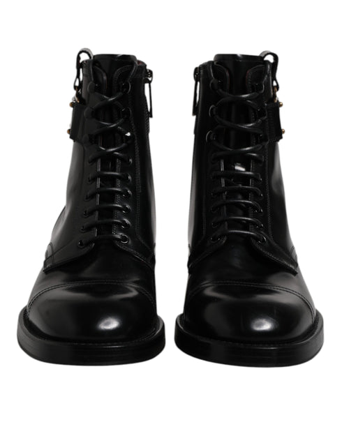 Dolce & Gabbana Black Leather Mid Calf Boots Lace Up Shoes