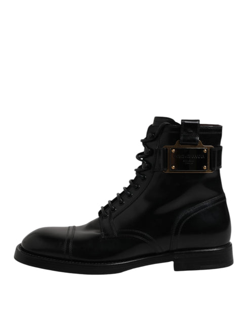 Dolce & Gabbana Black Leather Mid Calf Boots Lace Up Shoes