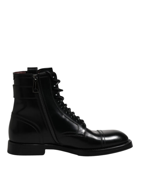 Dolce & Gabbana Black Leather Mid Calf Boots Lace Up Shoes