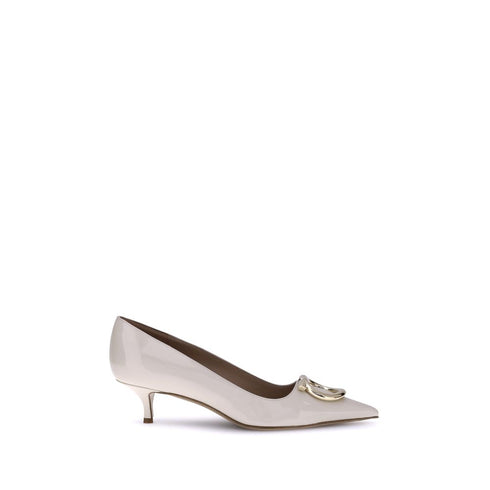 Ferragamo Gancini Pumps for Women – Beige Calf Leather Kitten Heels with Gold Buckle
