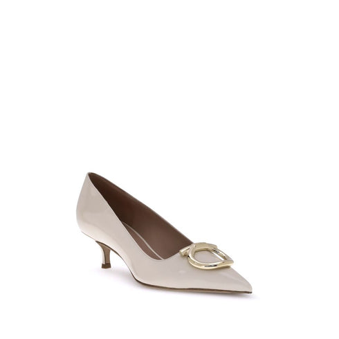 Ferragamo Gancini Pumps for Women – Beige Calf Leather Kitten Heels with Gold Buckle