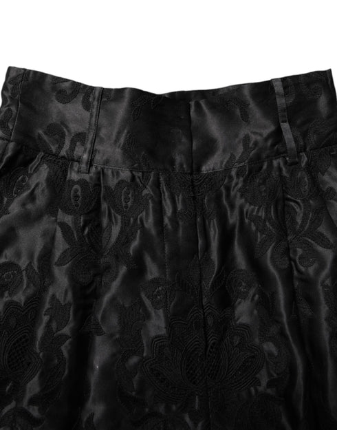 Dolce & Gabbana Black Floral Embroidery Silk High Waist Shorts