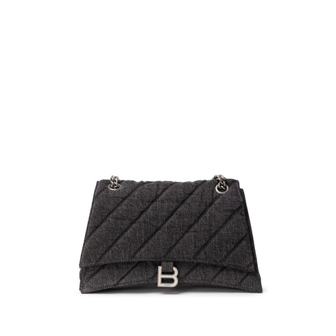 Balenciaga Black Quilted Fabric and Leather Shoulder Bag with Silver B Logo for Women
