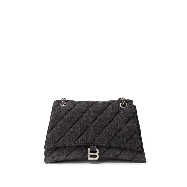 Balenciaga Black Quilted Fabric and Leather Shoulder Bag with Silver B Logo for Women
