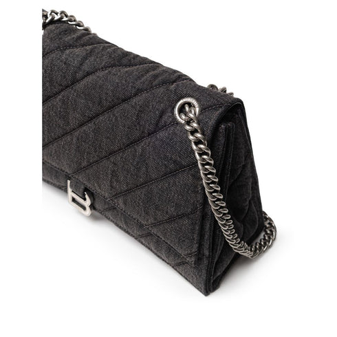 Balenciaga Black Quilted Fabric and Leather Shoulder Bag with Silver B Logo for Women