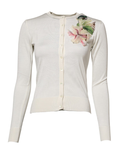 Dolce & Gabbana White Silk Lily Embellished Cardigan Sweater