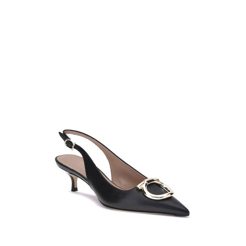 Ferragamo Gancini Slingback Pumps for Women – Black Calf Leather Heels with Gold Hardware