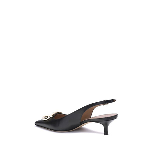 Ferragamo Gancini Slingback Pumps for Women – Black Calf Leather Heels with Gold Hardware
