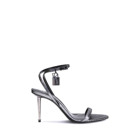 Tom Ford Padlock Sandals Silver Calf Leather Metal Heel Women’s Shoes