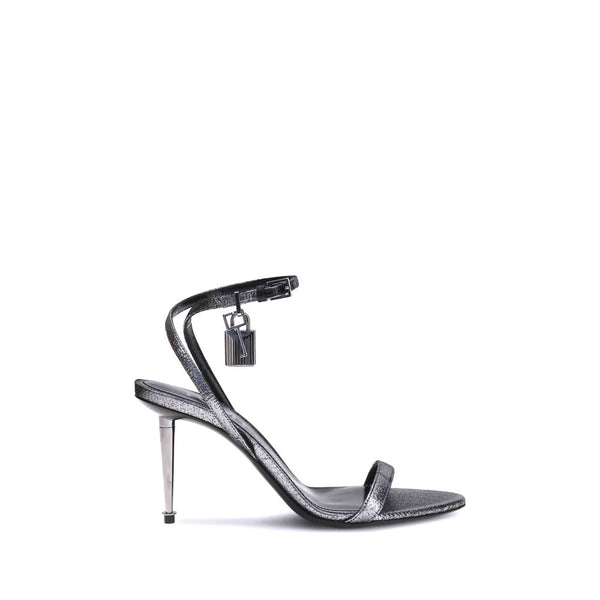 Tom Ford Padlock Sandals Silver Calf Leather Metal Heel Women’s Shoes