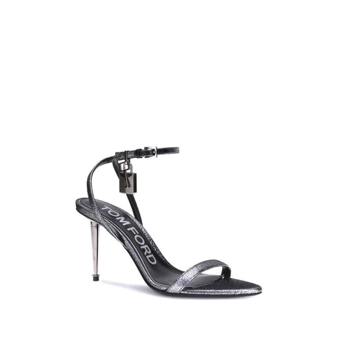 Tom Ford Padlock Sandals Silver Calf Leather Metal Heel Women’s Shoes